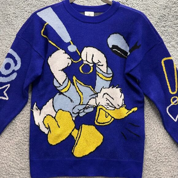 Disney Donald Duck Small Pullover Knit Sweater Crew Neck Large Donald Print Fun - Picture 2 of 10